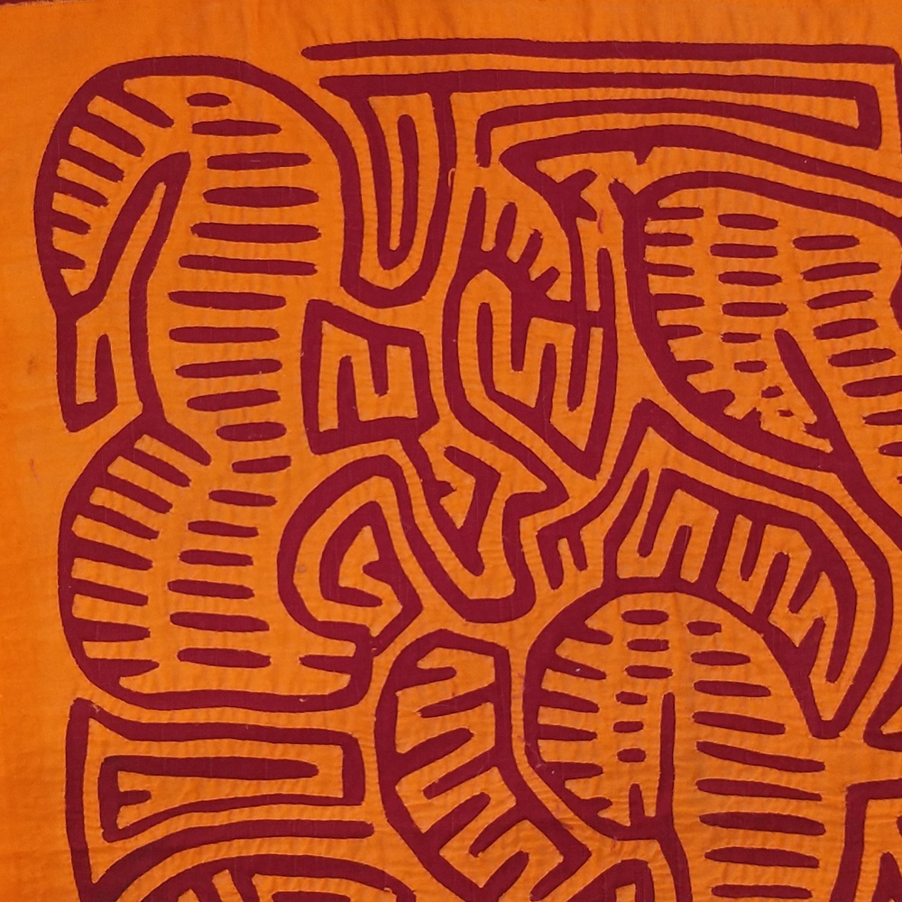 Escher Like Mola Orange & Red Abstract and Vibrant Hand Crafted Textile 15x19 - Picture 3 of 9